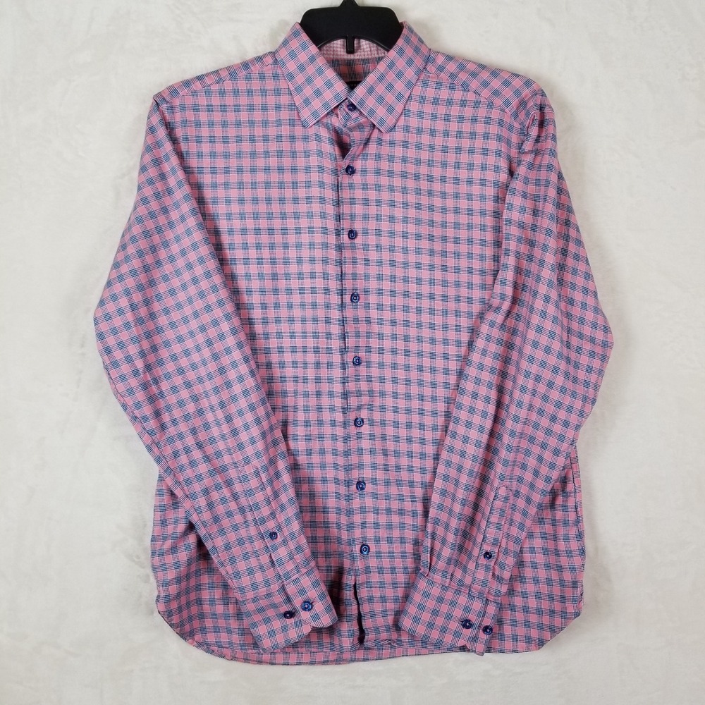 Hammer Made Button Down Shirt Men L-XL/17 Pink Blue Check Long Sleeve Tailored